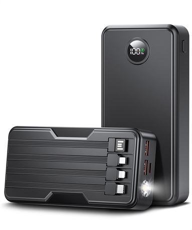 40000mAh 22.5W Power Bank, 5 Outputs 2 Inputs, Flashlight, LED Display, Black