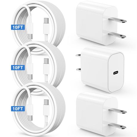 Chargeur iPhone 17/16/15 câble 10 ft + bloc USB-C 20 W lot de 3