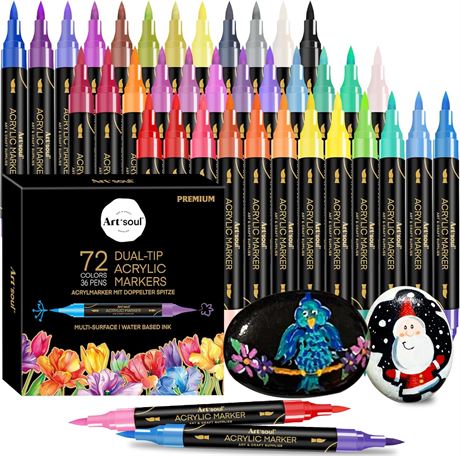 Art+soul 72 Acrylic Paint Pens 36 Dual Tip Rock Wood Glass Ceramic Craft Kit