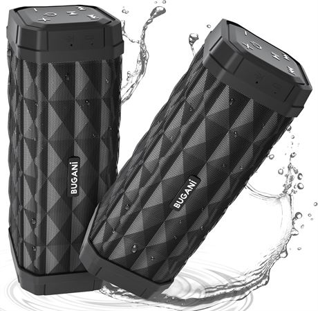 BUGANI Bluetooth Speakers 100FT Range IPX5 Waterproof 24H Play 2-Pack