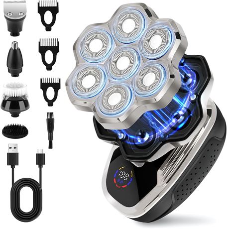 Men’s 6-in-1 Electric Shaver Bald Head Razor, 7D Waterproof Wet/Dry Grooming Kit