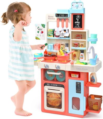 CUTE STONE Pretend Play Kitchen Water Sink Steam Stove, Light & Sound, 63pcs