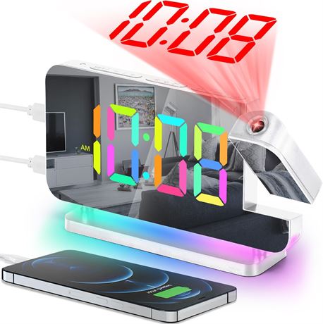 SZELAM Projection Alarm Clock with 180° Rotating Projector, RGB Nightlight
