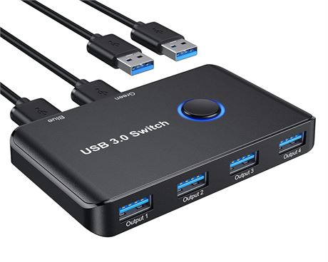 ABLEWE USB 3.0 Switch 2 PCs 4 Peripherals Sharing Hub w/ One-Button Switch