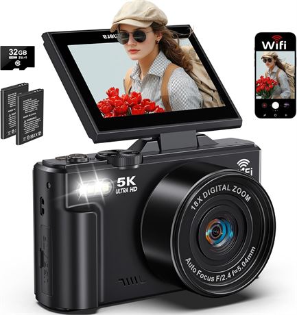 Appareil photo 5K, cam ra vlogging WiFi 75 MP, 18x zoom, AF UHD,  cran 3"