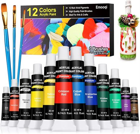 Emooqi Acrylic Paint Set 12x22ml, 3 Brushes, Rich Pigments for Canvas & Fabric