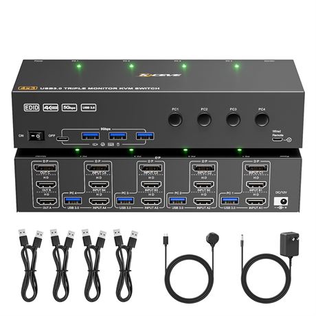 KVM Switch: 3 Monitors for 4 PCs, 4K@60Hz, EDID, USB 3.0 HDMI/DP