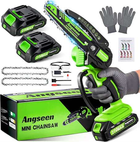 ANGSEEN Mini Cordless Chainsaw 6-Inch, 2 Batteries, 2 Chains, 850W