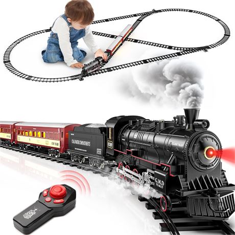 Hot Bee Train Set for Boys: Alloy RC Steam Locomotive, Light-Up Cars & Tracks