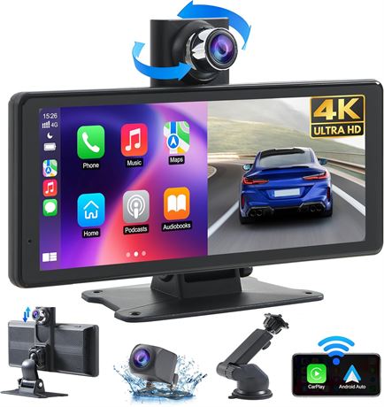 Wireless Car Stereo with CarPlay, 8.1in 2K Touch Screen, 4K Dash Cam
