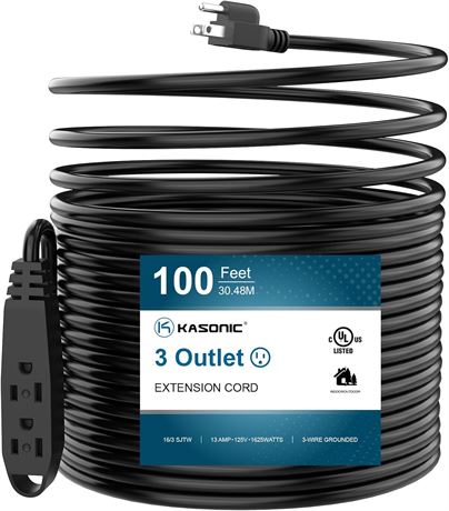 Rallonge Kasonic UL 30,5m, 3 prises, intérieur/extérieur, noire