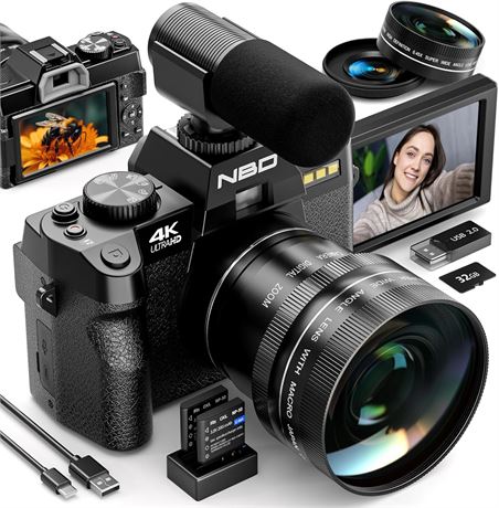 4K Digital Vlogging Camera 48 MP 16x Zoom 180° Flip Screen Macro Lens YouTube