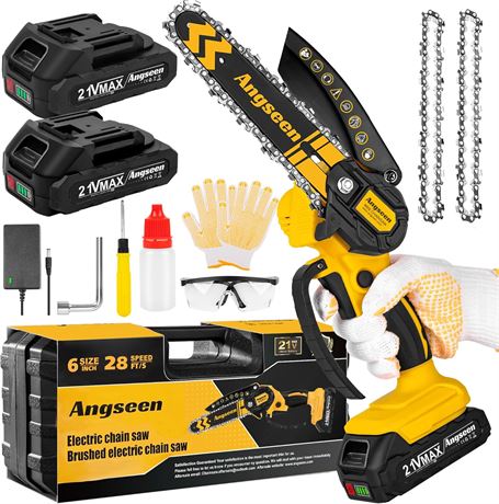 Cordless Mini Chainsaw 6-Inch, 2 Batteries & 2 Chains, Lightweight Safety-Lock