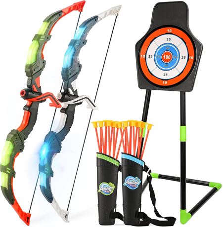 Bow and Arrow Set for Kids, 2-Pack LED Archery Set with 20 Suction Arrows