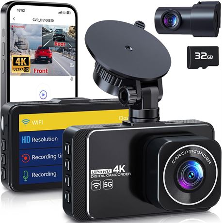 Dash Cam 4K Front/2K Rear, App Control, Night Vision, 32GB Card