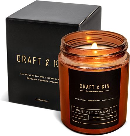 Craft & Kin Whiskey Caramel Candle for Men 8oz 45hr Premium Holiday Scent