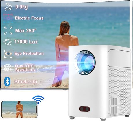 Mini Projector, 250" Max, 17000 Lux, Portable with Dual Hi-Fi Speakers