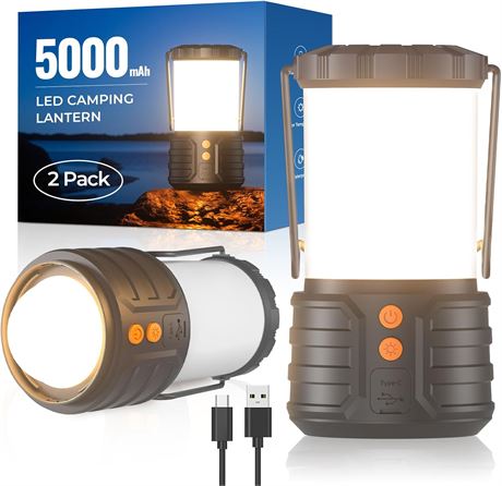 Camping Lantern 2 Pack 5000mAh Rechargeable LED IPX4 Waterproof Emergency Light