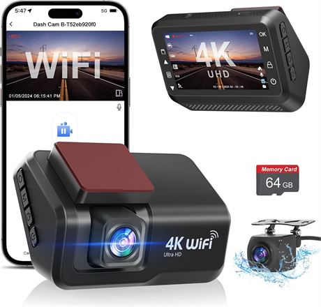 Otovoda Dual Dash Cam 4K Front + 1080P Rear, WiFi App, Night Vision, 64GB