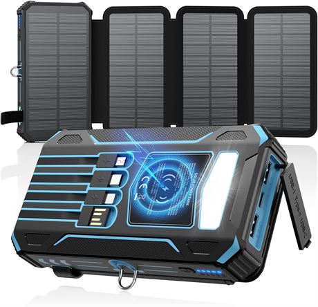 SOARAISE Solar Power Bank - Wireless, 4 Cables, 4 Panels, USB-C PD QC 3.0