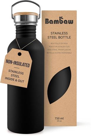 Bambaw 710ml Black Stainless Steel Water Bottle Reusable BPA-Free Single Wall