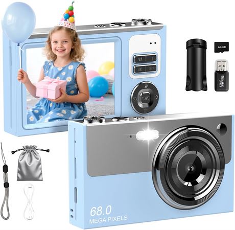 Digital Camera 64MP 4K for Kids, 2.8in IPS Screen, 64GB SD Card, 16x Zoom