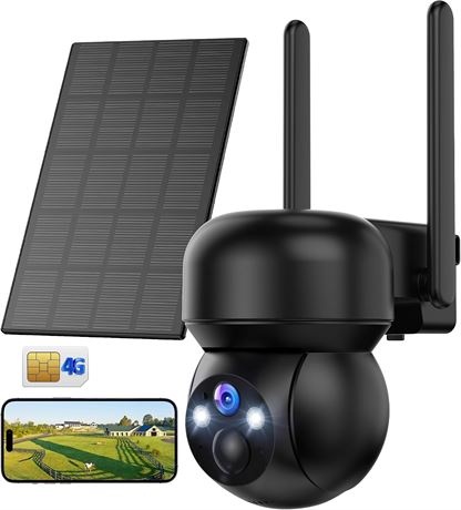 4G LTE Solar Security Camera Outdoor with SIM, 2K Battery Wireless, 360 View