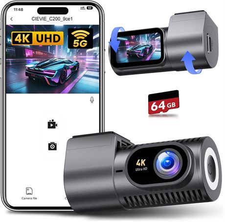 Mini Dash Cam 4K Front, 1.5" Screen + 5G WiFi + 64GB, 360° Rotation