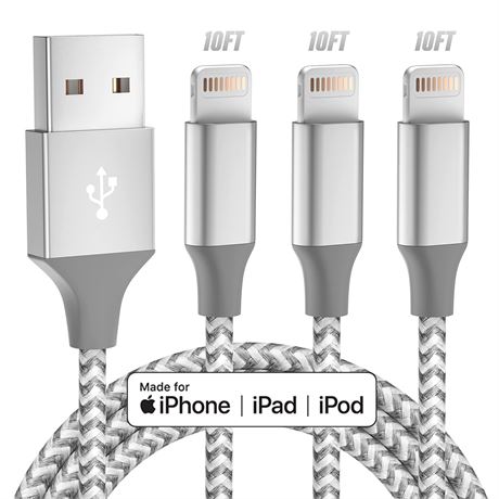Bkayp Câble iPhone MFi 3 Pcs 10 FT Chargement Rapide Gris Blanc
