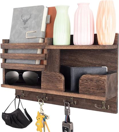 Wall Key Holder Organizer Wood 4 Hooks Wallet Sunglasses Mail Rack Brown