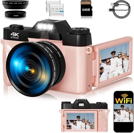 Caméra numérique 4K 48 MP vlog écran 180° grand angle rose + 64 Go
