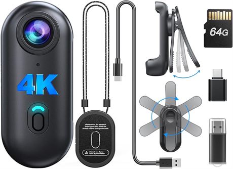 BOBLOV W4 4K Mini Body Camera, 64GB, 360  Rotatable & Magnetic Clip, 120 Min
