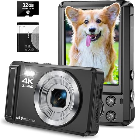 Digital Camera - 4K UHD 64MP Point-and-Shoot with 16x Zoom, 32GB SD Card