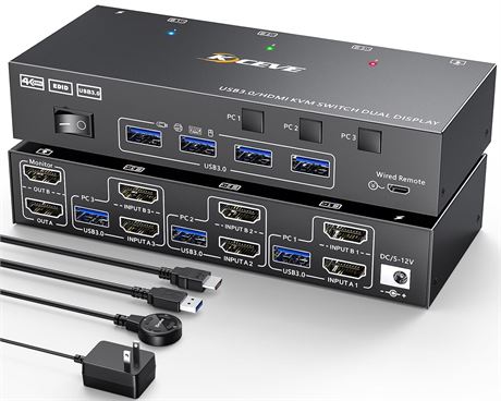MLEEDA HDMI KVM Switch 2 Monitors, 3 Computers, EDID 4K@60Hz, USB 3.0