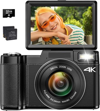 4K Camera with Autofocus 48MP, 16x Zoom, Flip Screen, Flash, SD Card