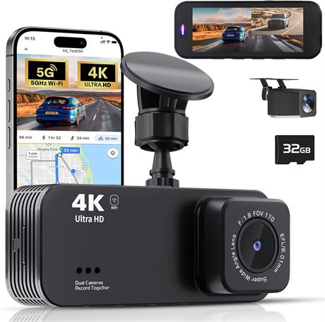 Car Cam Dual 4K Front/Rear, WiFi, 32GB, 3.1in IPS, 170 , WDR