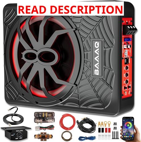 Slim Underseat Powered Car Subwoofer, 10-inch, 1200W, Built-in Amp, LED