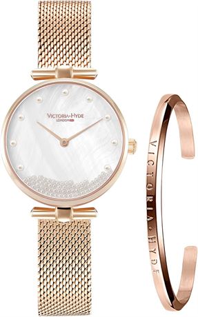 VICTORIA HYDE Women's Watch Set - Silver with Mother of Pearl Dial Bangle