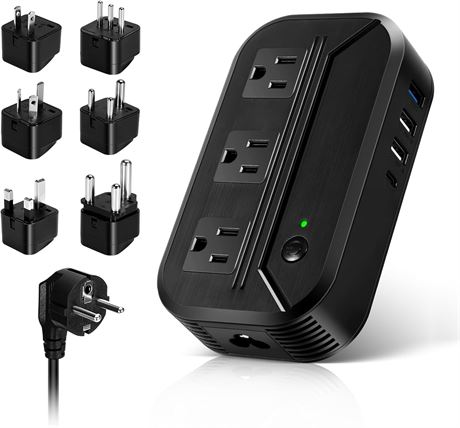 2300W Step-Down Power Converter 220V–110V, 4 USB Ports, 7 Plug Adapters