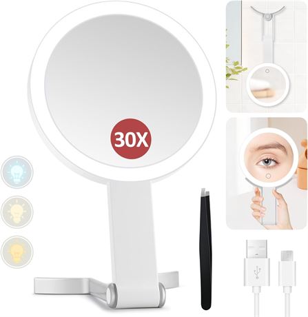 MIYADIVA 30X Lighted Mirror, Travel, Hanging/Handheld