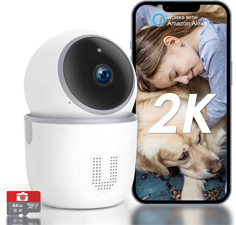 Indoor 2K Security Camera, WiFi Baby/Pet Monitor with 64GB Card, Alexa Support
