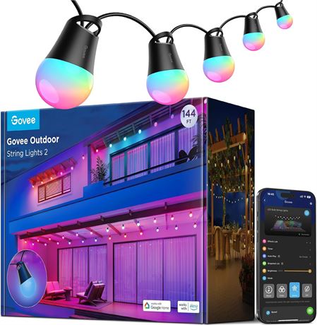 Govee Smart Outdoor String Lights 2, 144ft RGBIC, Dimmable LEDs, IP65