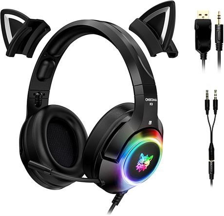 TCJJ Cat Ears Headset with Microphone, 3.5mm Adapter for Xbox/PS4/PC