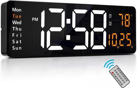 16.2" LED Wall Clock with Remote, Auto Brightness, Temp/Date Display, Orange