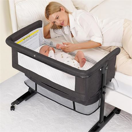 Baby Bassinet 3-in-1 Bedside Sleeper with Wheels, Adjustable Height, Mesh