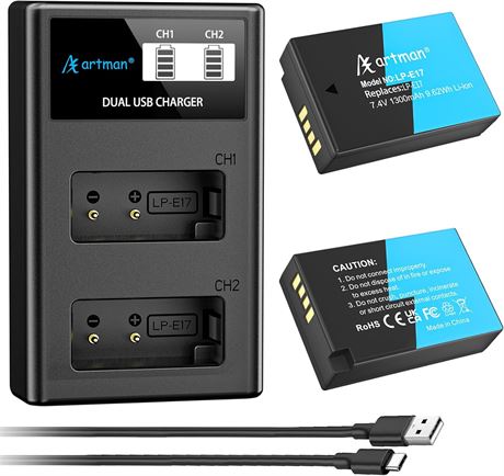 Artman LP-E17 Battery 2-Pack with Dual LCD Charger for Canon EOS R100/R50
