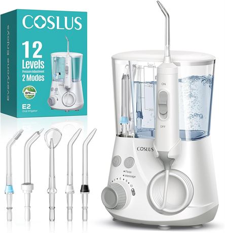 COSLUS Water Flosser for Teeth: 2 Modes, 12 Settings, 5 Jet Tips, White