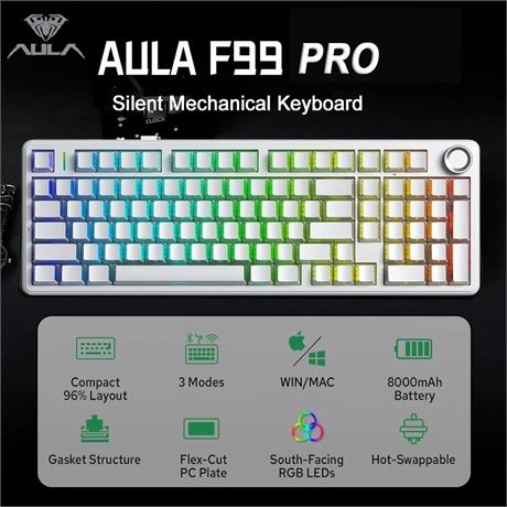 AULA F99 Pro Wireless Silent Mechanical Keyboard, Three-Mode, Hot-Swappable