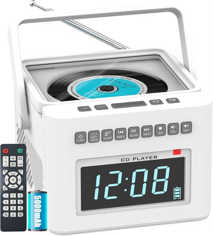 Greadio CD Player Alarm Clock Boombox with Bluetooth, 5000mAh, White