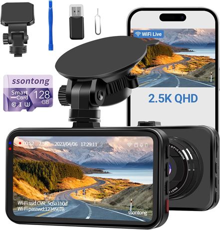 Dash Cam 128GB, WiFi/APP, 2.5K, 170  Wide, Night Vision, G-Sensor